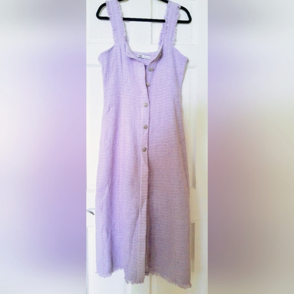 New-Zara long button up lilac Cotton Tweed Weave Large Crystal Buttons Dress - Picture 2 of 12